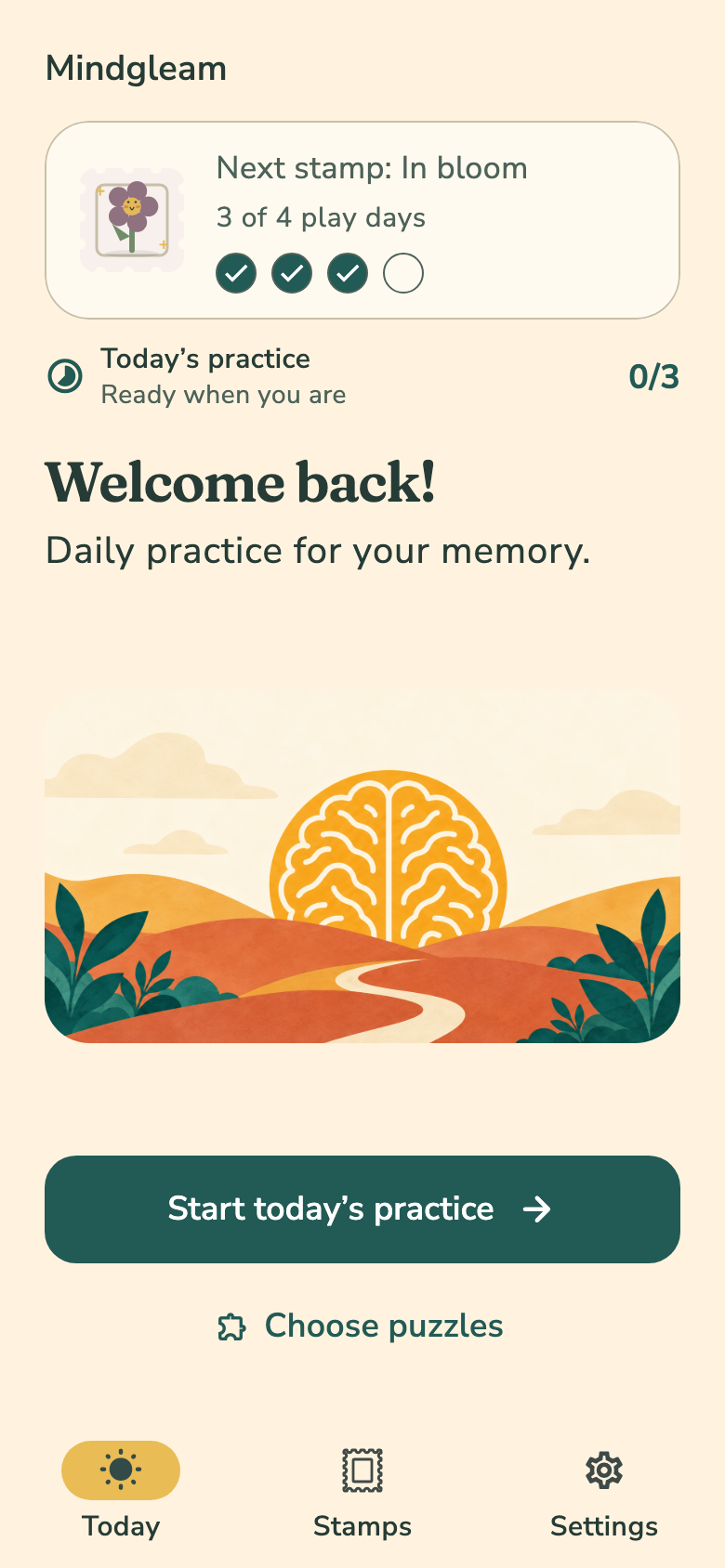 Mindgleam preview showing stamp progress, a sunny landscape, and the Start today’s practice button.
